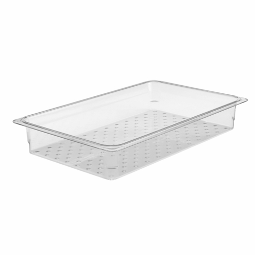 13CLRCW135  Colander, 12-3/4" x 20-7/8" x 3" deep, fits 1/1 size food pans, polycarbonate, clear, NSF, Made in USA