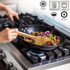 5 Pcs Carbon Wok Set, Carbon Steel Wok Pan 12 Inch Woks and Stir Fry Pans, Chinese Wok For Electric, Induction & Gas Stove With Glass Lid, Wok Spatula, Chopping Board & Paring Knife