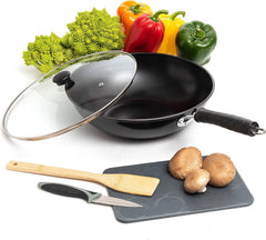 5 Pcs Carbon Wok Set, Carbon Steel Wok Pan 12 Inch Woks and Stir Fry Pans, Chinese Wok For Electric, Induction & Gas Stove With Glass Lid, Wok Spatula, Chopping Board & Paring Knife