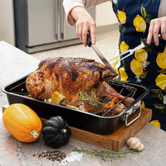 Carbon Steel Roaster Pan With “V” Shape Removable Roasting Rack Set, 16.5 Inch Rectangular Nonstick Roasting Pan, Turkey Roaster Pan Rack With Carving Fork & Chef Knife