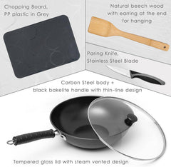 5 Pcs Carbon Wok Set, Carbon Steel Wok Pan 12 Inch Woks and Stir Fry Pans, Chinese Wok For Electric, Induction & Gas Stove With Glass Lid, Wok Spatula, Chopping Board & Paring Knife