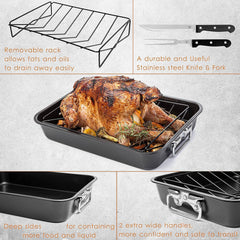 Carbon Steel Roaster Pan With “V” Shape Removable Roasting Rack Set, 16.5 Inch Rectangular Nonstick Roasting Pan, Turkey Roaster Pan Rack With Carving Fork & Chef Knife
