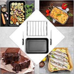Carbon Steel Roaster Pan With “V” Shape Removable Roasting Rack Set, 16.5 Inch Rectangular Nonstick Roasting Pan, Turkey Roaster Pan Rack With Carving Fork & Chef Knife