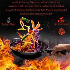 5 Pcs Carbon Wok Set, Carbon Steel Wok Pan 12 Inch Woks and Stir Fry Pans, Chinese Wok For Electric, Induction & Gas Stove With Glass Lid, Wok Spatula, Chopping Board & Paring Knife