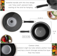 5 Pcs Carbon Wok Set, Carbon Steel Wok Pan 12 Inch Woks and Stir Fry Pans, Chinese Wok For Electric, Induction & Gas Stove With Glass Lid, Wok Spatula, Chopping Board & Paring Knife