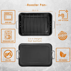 Carbon Steel Roaster Pan With “V” Shape Removable Roasting Rack Set, 16.5 Inch Rectangular Nonstick Roasting Pan, Turkey Roaster Pan Rack With Carving Fork & Chef Knife