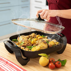 Square Nonstick Electric Skillet With Lid, Aluminum 12 Inch Electric Frying Pan, 2 Layers Of Non-Stick Coating, Adjustable Temperature Control, Lid With Steam Vent & Heat-Resistant Handle
