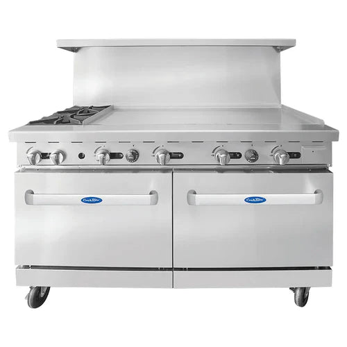 60" Gas Range. (2) 32,000 B.T.U. Burners and 48" Griddle on the RIGHT with (2) 26'' 1/2 Wide Ovens, 4 Oven Racks