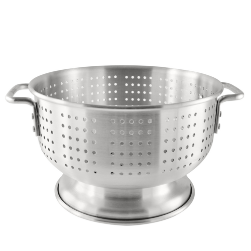 Colander, 8 qt., 12" dia., round, flat handles, footed, aluminum