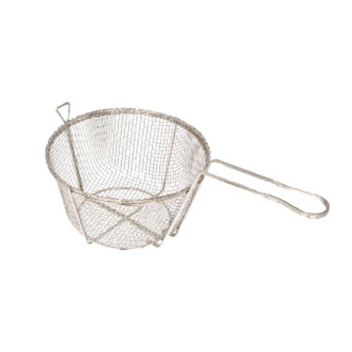 Fry Basket, 10-1/2" dia. x 6"H, round, 9" handle, 4 mesh, wire, nickel-plated