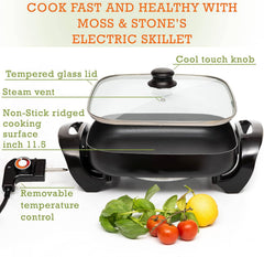 Square Nonstick Electric Skillet With Lid, Aluminum 12 Inch Electric Frying Pan, 2 Layers Of Non-Stick Coating, Adjustable Temperature Control, Lid With Steam Vent & Heat-Resistant Handle