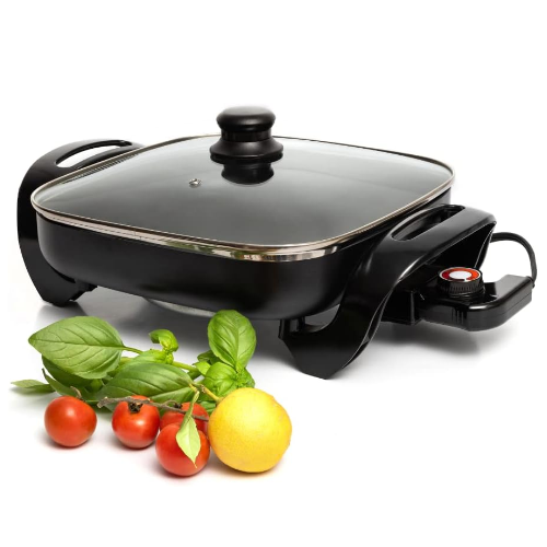 Square Nonstick Electric Skillet With Lid, Aluminum 12 Inch Electric Frying Pan, 2 Layers Of Non-Stick Coating, Adjustable Temperature Control, Lid With Steam Vent & Heat-Resistant Handle