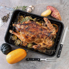 Carbon Steel Roaster Pan With “V” Shape Removable Roasting Rack Set, 16.5 Inch Rectangular Nonstick Roasting Pan, Turkey Roaster Pan Rack With Carving Fork & Chef Knife