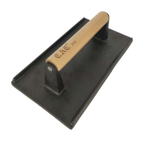 Steak Weight, 2 lbs., 8-1/4" x4-1/4", textured bottom, wooden handle, cast iron base, swci-20